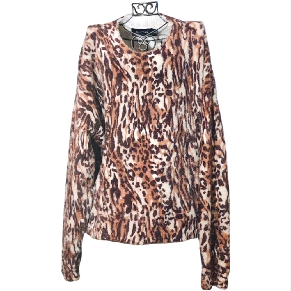 MINKPINK Fuzzy Leopard Print Sweater L Soft Cozy Oversized Animal Print Top